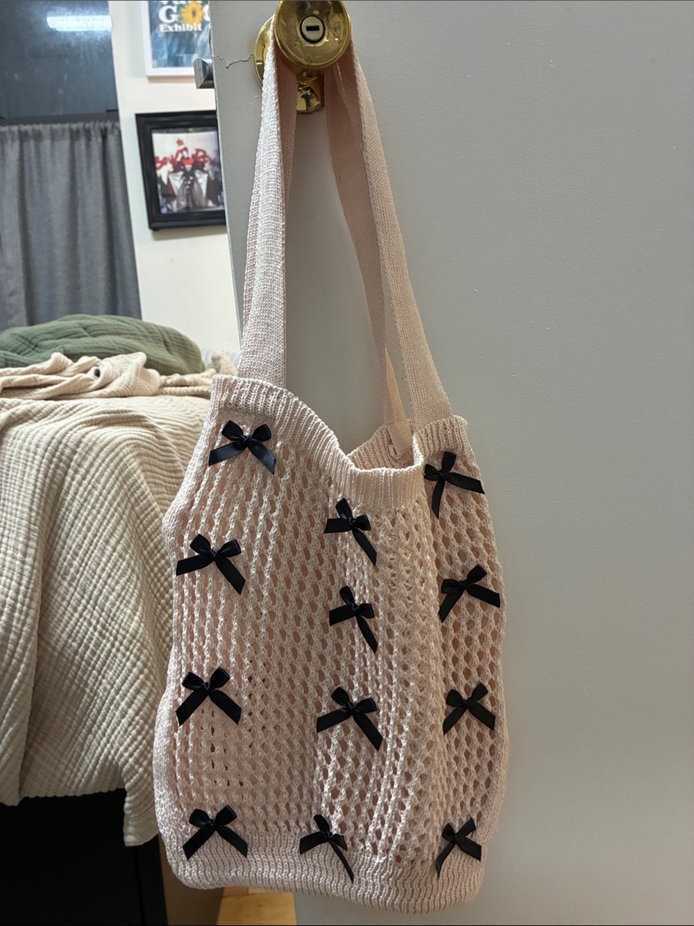 Coquette Cream Crochet Tote Bag with Black Bow Accents
